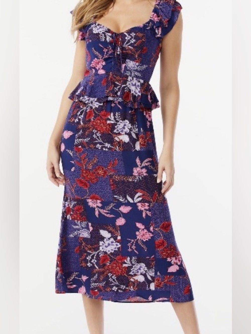 sofia vergara Navy Floral Ruffle Peplum Midi Dress XL sweetheart sleeveless